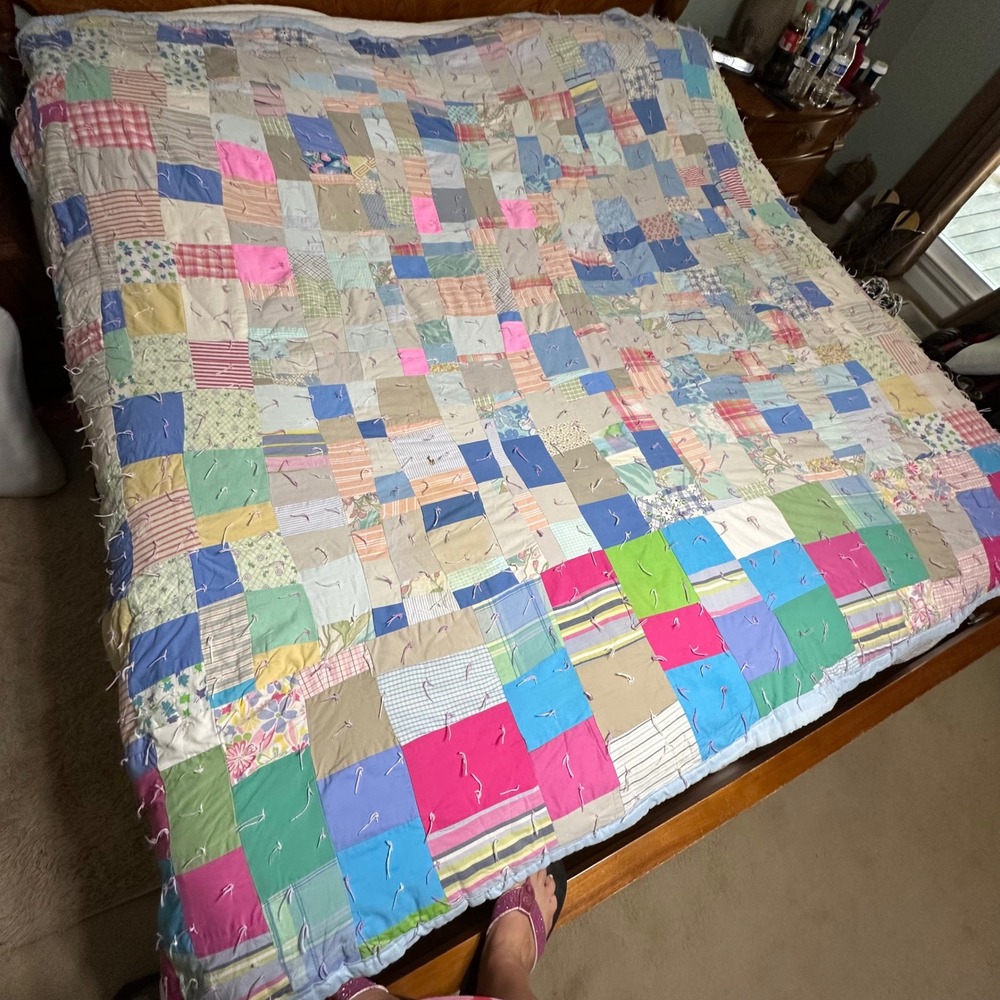 Handmade Hand Tied Patchwork Quilt 99x80 Colorful Farmhouse Blanket